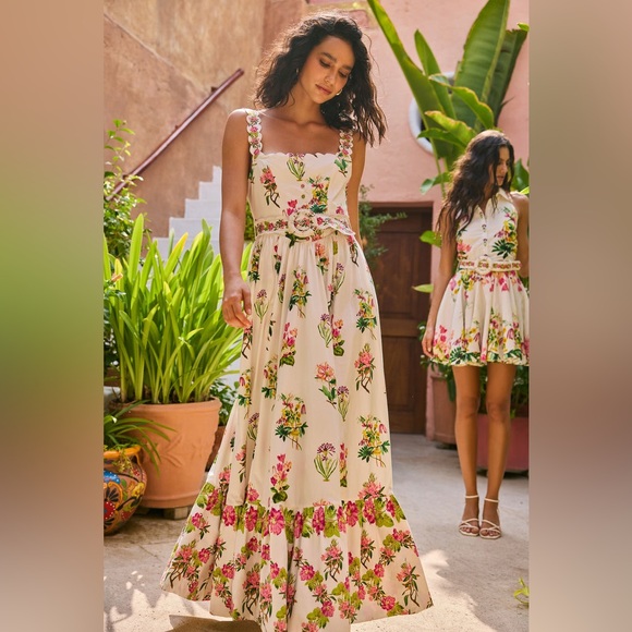 NWT HEMANT & NANDITA Taha Floral poplin Scallop Trim Belted Cream Maxi Dress M